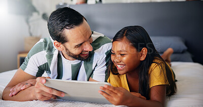 Buy stock photo Dad, child and relax with tablet on bed for playing online game, streaming service and weekend break. Happy family, man and girl kid with digital app in home for watching cartoon, movies and bonding