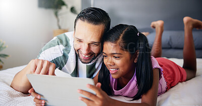Buy stock photo Relax, tablet and father with daughter in bedroom for streaming service, movie subscription and comedy. Happy, cartoon and entertainment with man and child at home for app, digital and bonding