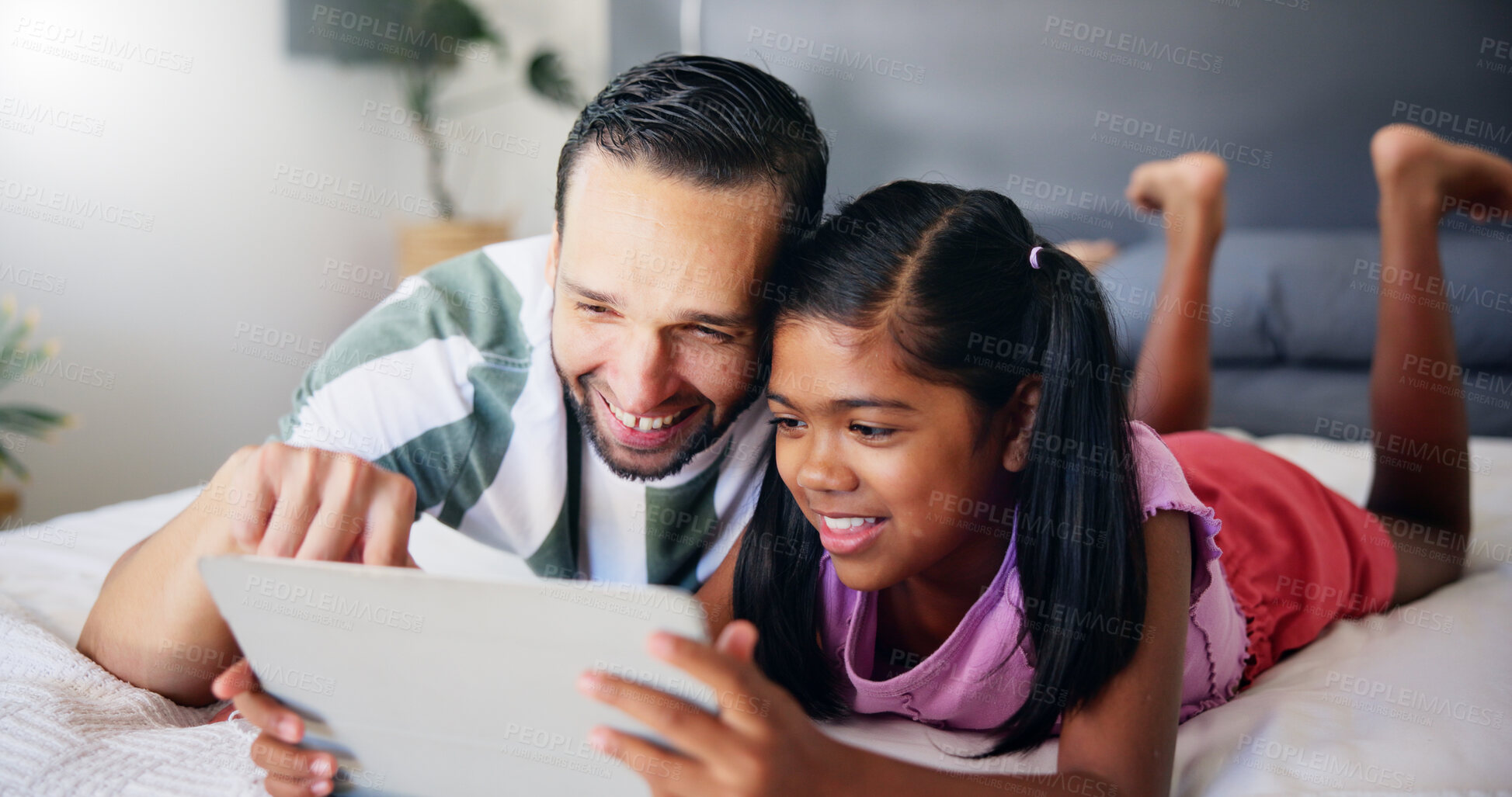 Buy stock photo Relax, tablet and father with daughter in bedroom for streaming service, movie subscription and comedy. Happy, cartoon and entertainment with man and child at home for app, digital and bonding