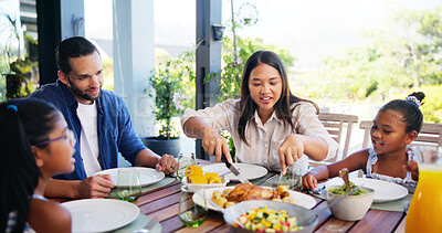 Buy stock photo Eating, love and family with breakfast in home for nutrition, health or wellness food together. Bonding, happy and parents with kids enjoying morning meal by dining table for connection in house