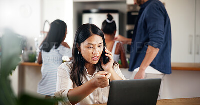 Buy stock photo Phone call, laptop and woman in home with remote work for client negotiation with investment. Computer, mother and female financial freelancer on mobile discussion for checking profit report in house