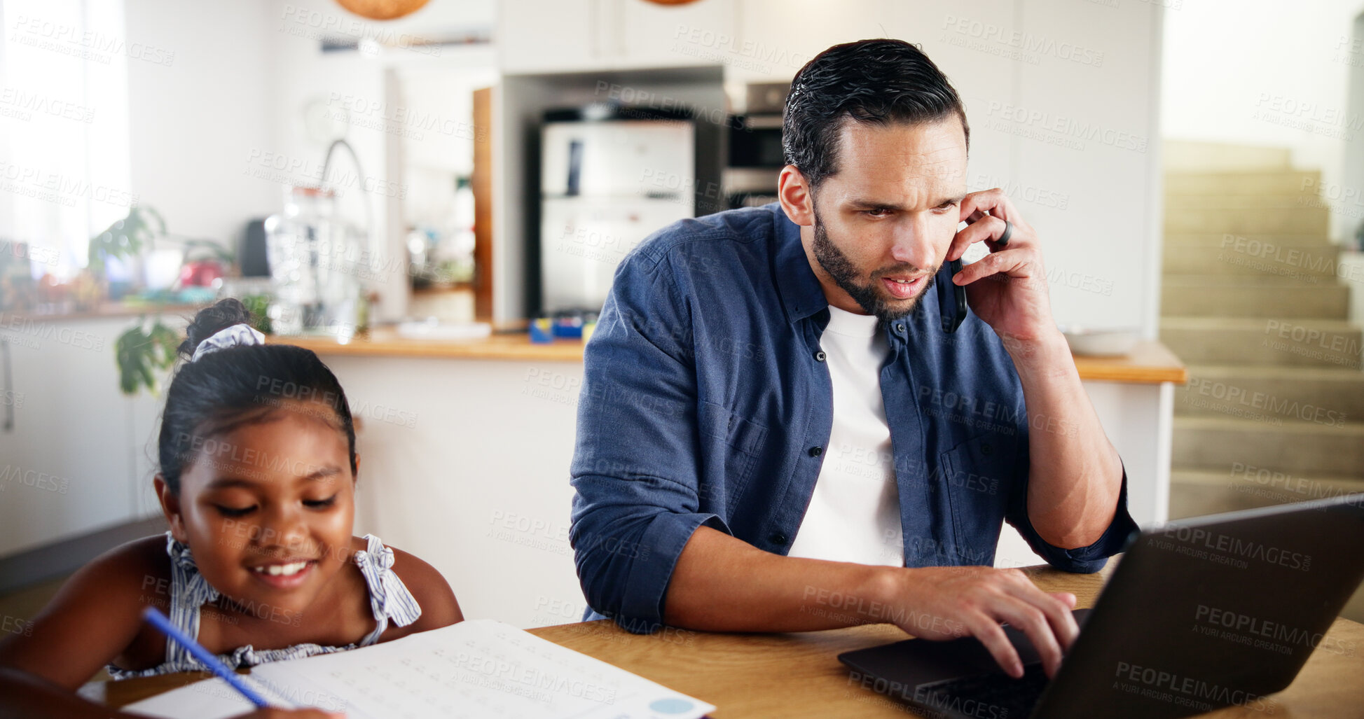 Buy stock photo Remote work, child and father with phone call, busy and distracted for deadline, education and homework. Dad, daughter and multitasking with girl, learning and questions or attention in home for help