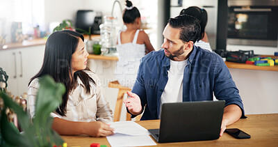 Buy stock photo Savings, laptop and couple planning for finance, salary budget and paper for debt in home. Computer, man and woman in discussion for bills with insurance, mortgage email or online banking in kitchen