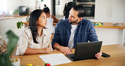 Buy stock photo Budget, laptop and couple with discussion for finance, salary savings and asset management in home. Computer, man and woman planning bills for insurance, mortgage email or online banking with family