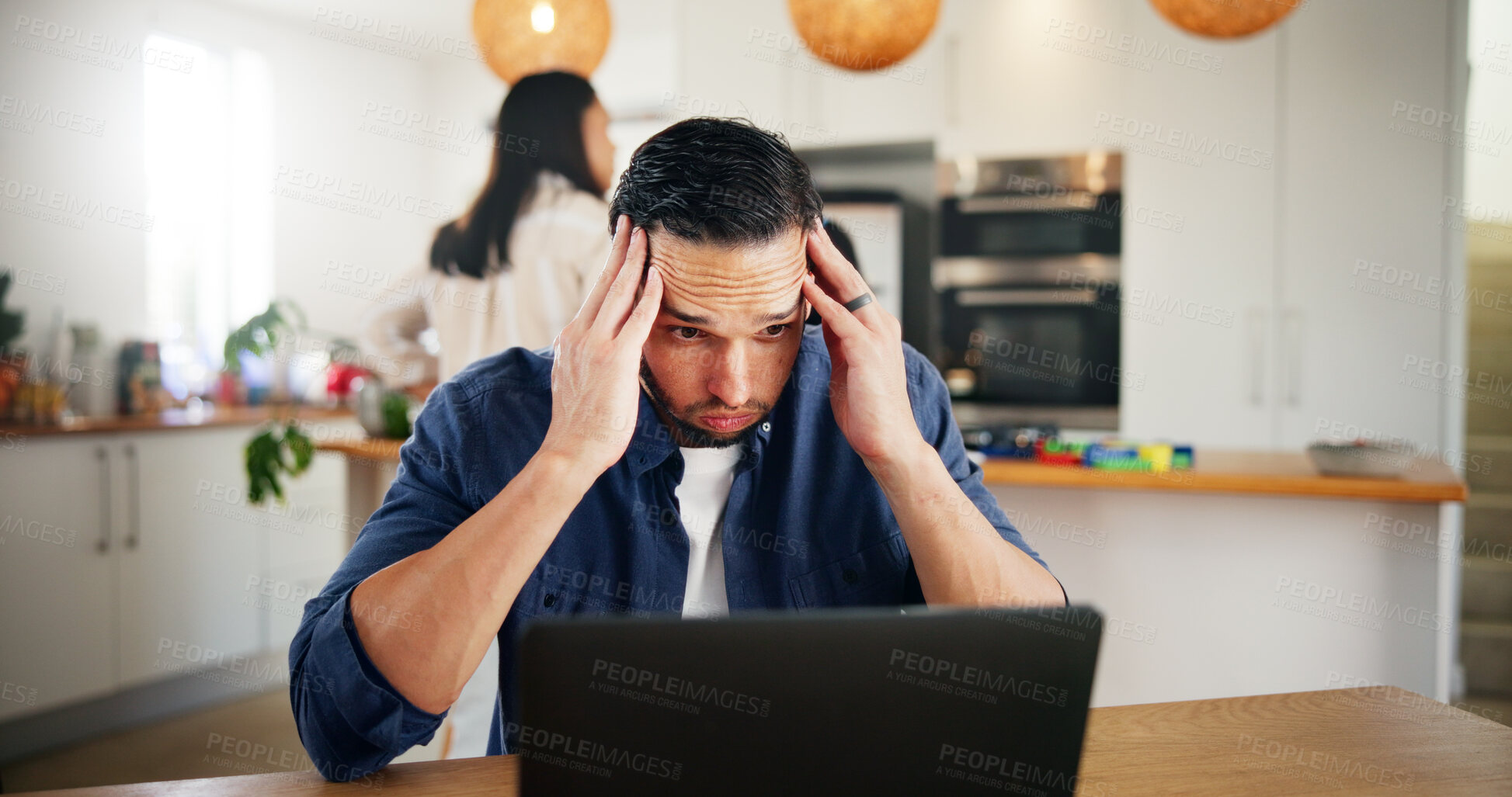 Buy stock photo Laptop, remote work and stress with man in home for deadline, planning or problem solving. Accounting, computer or finance and freelance employee in apartment with anxiety, burnout or headache