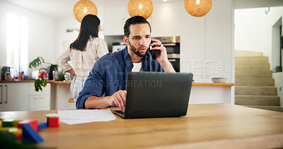 Buy stock photo Phone call, laptop and man in home with remote work for client negotiation with investment. Computer, father and male financial freelancer on mobile discussion for checking profit report in house