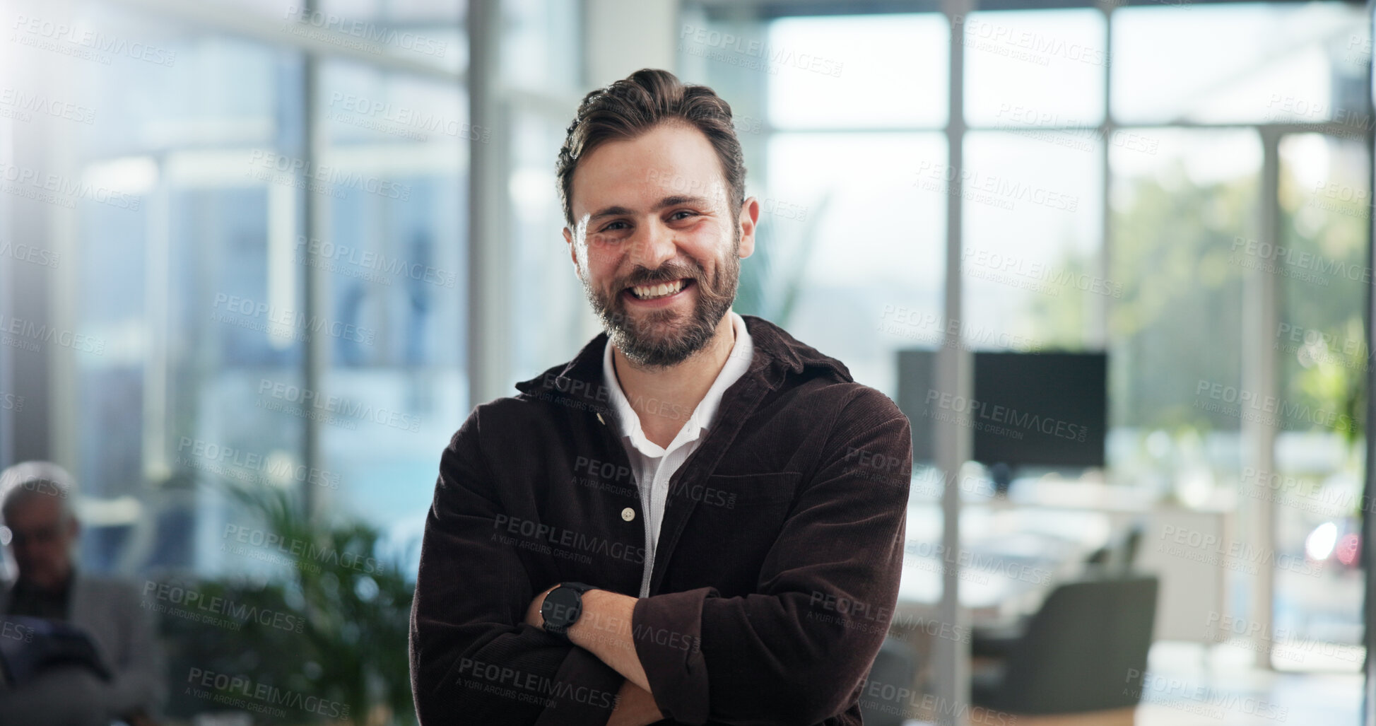 Buy stock photo Portrait, business and man with pride in office for about us, ambition and consultant of creative career. Person, public relations and arms crossed with confidence, experience and crisis management