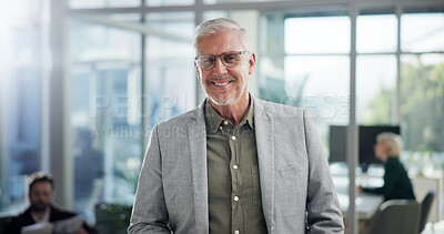 Buy stock photo Portrait, professional and smile with business man in office for event planner, pride and creative director. Exhibition organizer, agency and happy with mature employee for gallery consultant