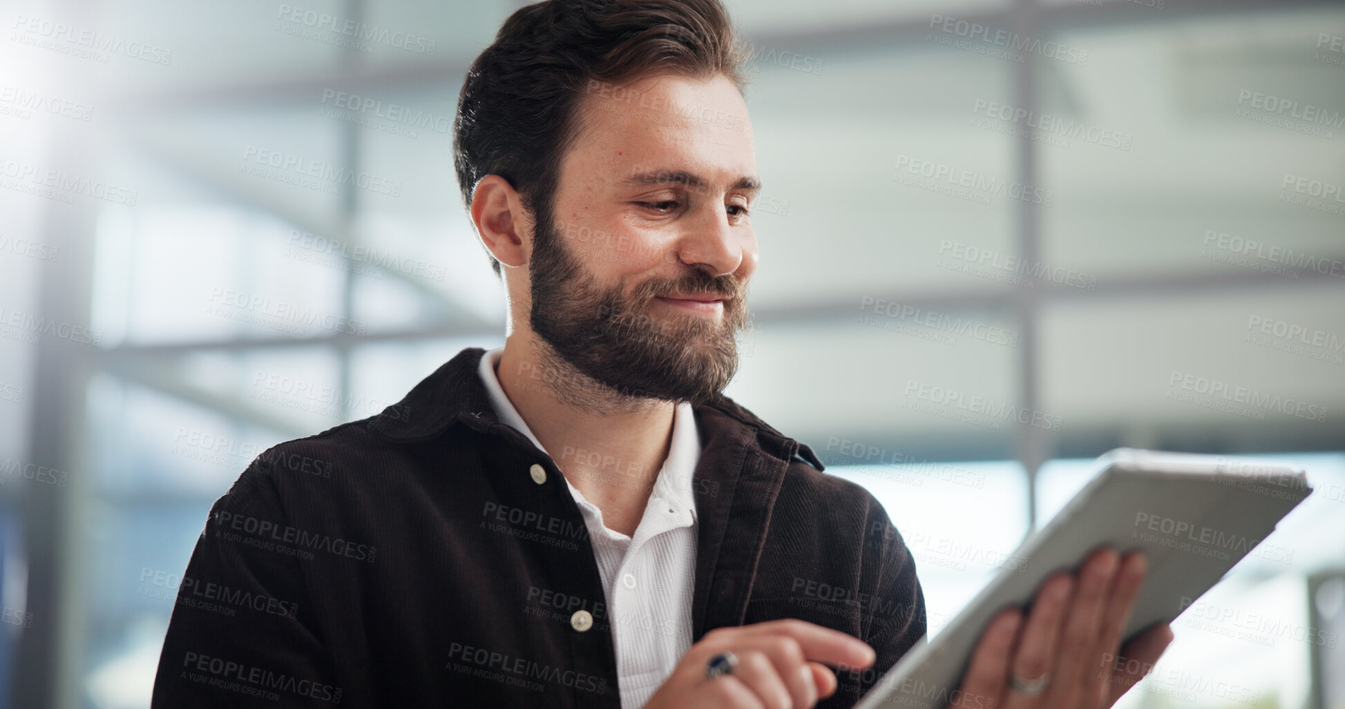 Buy stock photo Smile, creative and business man with tablet in office for networking or social media marketer online. Technology, startup and worker reading email, review campaign and brand promotion on platform