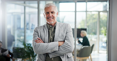 Buy stock photo Portrait, arms crossed and smile with business man in office for event planner, pride and creative director. Exhibition organizer, agency and professional with mature employee for  confidence