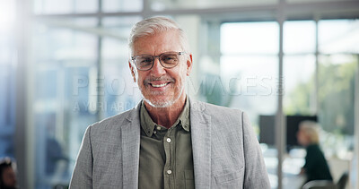 Buy stock photo Portrait, glasses and smile with business man in office for event planner, pride and creative director. Exhibition organizer, agency and professional with mature employee for gallery consultant