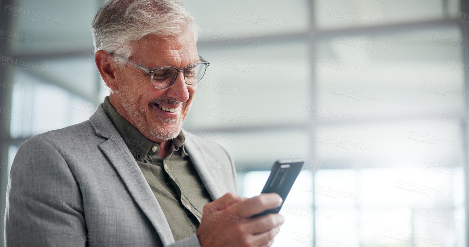 Buy stock photo Smile, mature businessman and ceo with phone in office for networking, investment or reading financial news. Mobile, corporate executive and check email for profit, private equity or venture capital