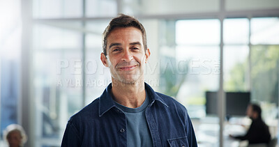 Buy stock photo Portrait, agency and smile with business man in office for event planner, pride and creative. Exhibition organizer, happy and professional with male employee in startup or gallery and confidence