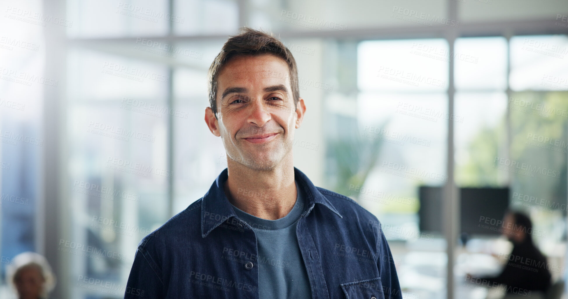 Buy stock photo Portrait, agency and smile with business man in office for event planner, pride and creative. Exhibition organizer, happy and professional with male employee in startup or gallery and confidence