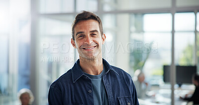 Buy stock photo Portrait, agency and happy with business man in office for event planner, pride and creative. Exhibition organizer, smile and professional with male employee in startup or gallery and confidence