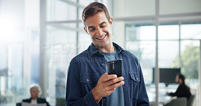 Buy stock photo Smile, office and business man with mobile for networking, typing and social media marketer online. Smartphone, startup and creative worker reading email, campaign and brand promotion on platform