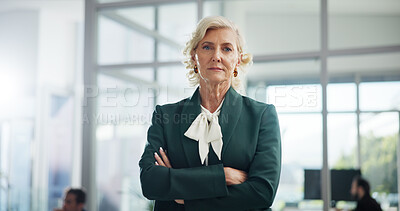 Buy stock photo Thinking, arms crossed and serious with business woman in office for event planner, pride or idea. Exhibition organizer, agency and professional with mature employee for gallery, company for vision