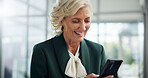 Smile, mature businesswoman and ceo with phone in office for networking, investment or reading financial news. Mobile, corporate manager and check email for profit, private equity or venture capital
