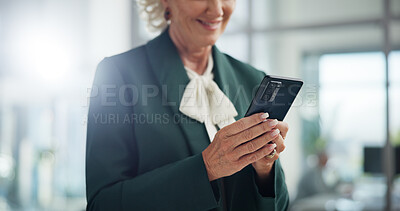 Buy stock photo Office, businesswoman and hands with smartphone for chat, online communication or message to contact. Connection, mature person and consultant with smile for mobile, social media or service to client