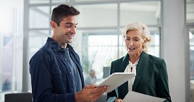 Buy stock photo Client, tablet and discussion with business people in office for negotiation, feedback and planning. Advisor, consulting and proposal with employee in agency for contract policy, review and project