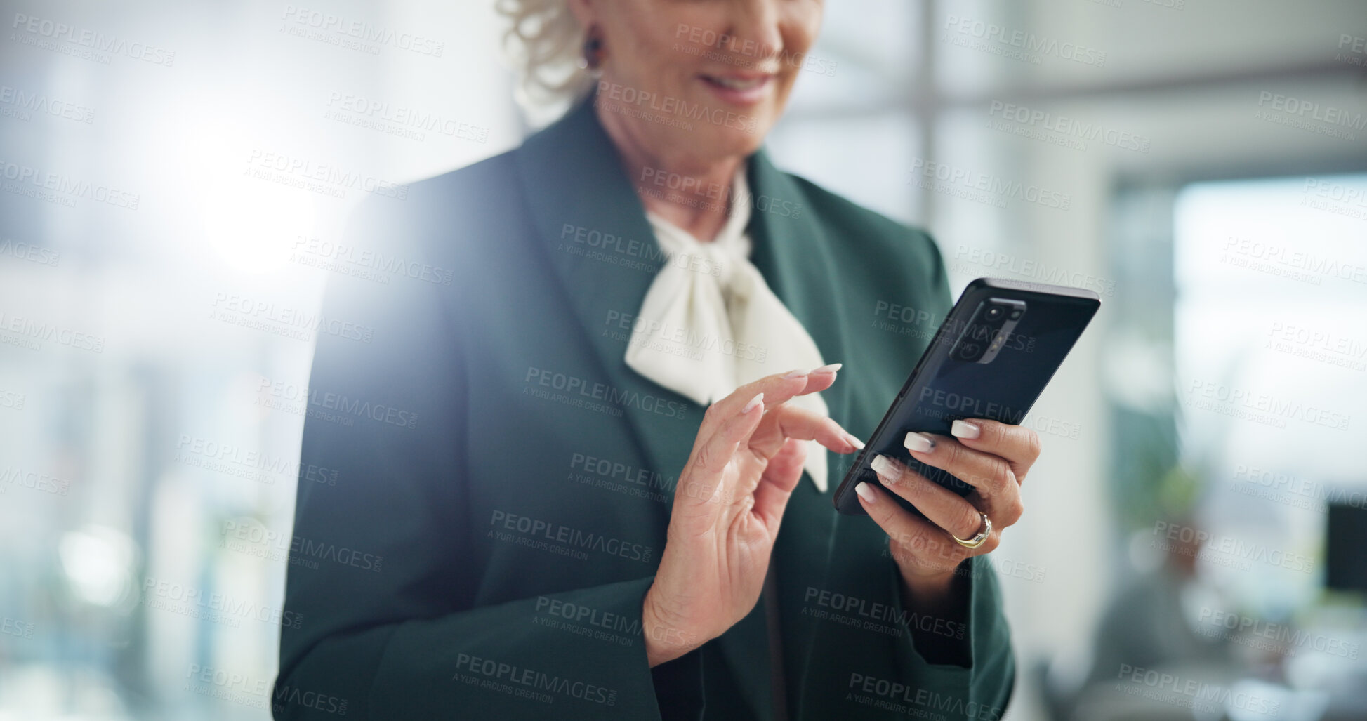 Buy stock photo Hands, mature and business woman with mobile in office for networking, investment or financial news. Phone, corporate ceo and check email for profit growth, private equity or smile at venture capital