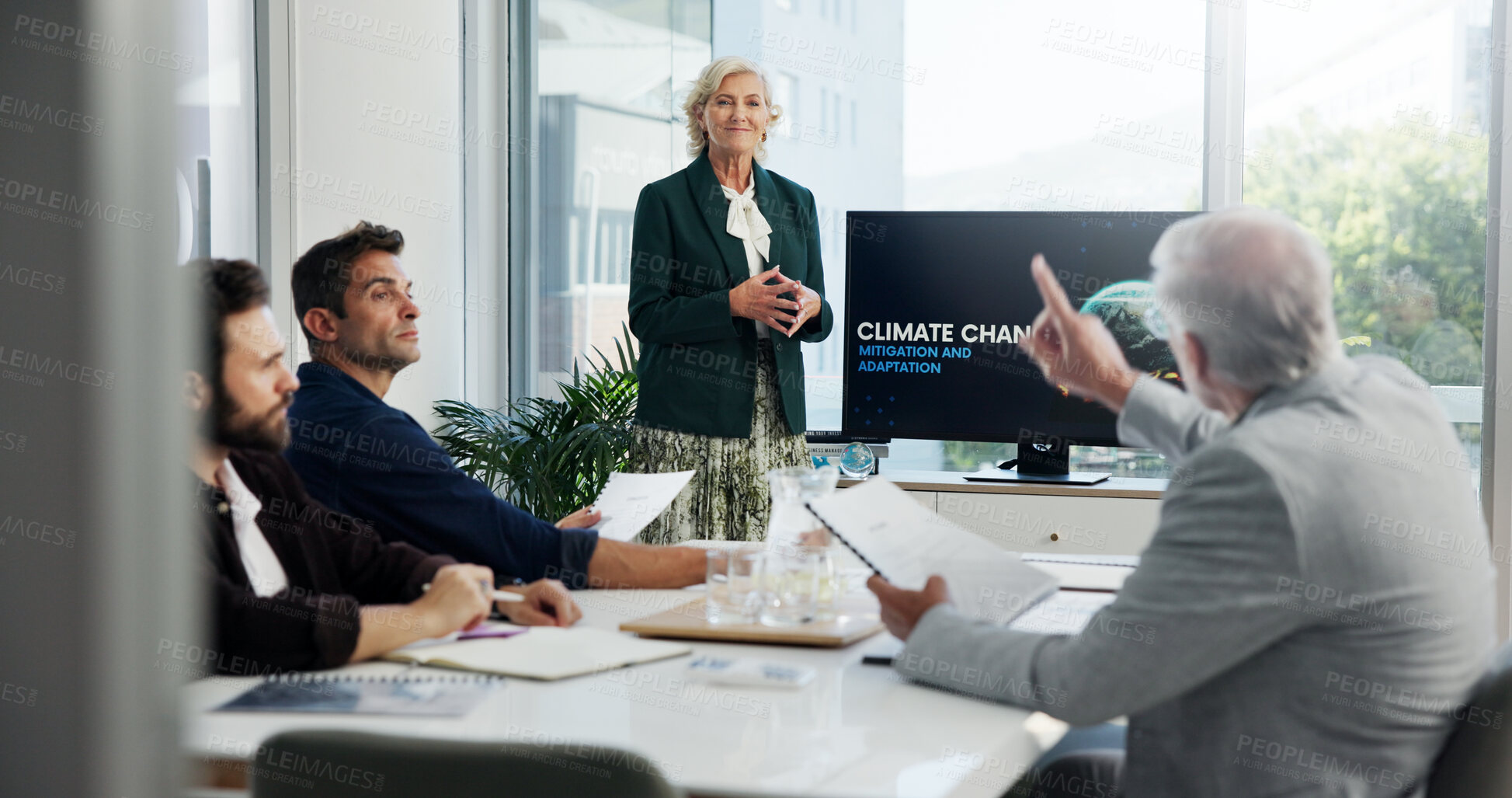 Buy stock photo Climate change, meeting and question with business people in office boardroom for going green initiative. Computer screen, proposal and presentation with corporate team at work for sustainability