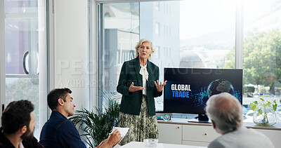 Buy stock photo Global trade, meeting and training with business people in office boardroom for financial development. Computer screen, pitch and proposal with investment team in workplace for upskill coaching