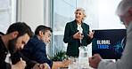 Global trade, meeting and presentation with business people in office boardroom for investment training. Computer screen, education and finance with corporate team in workplace for wealth management