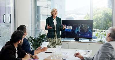 Buy stock photo Computer screen, global trade and presentation with business people in office boardroom for investment. Meeting, pitch and proposal with corporate team in workplace for financial training course