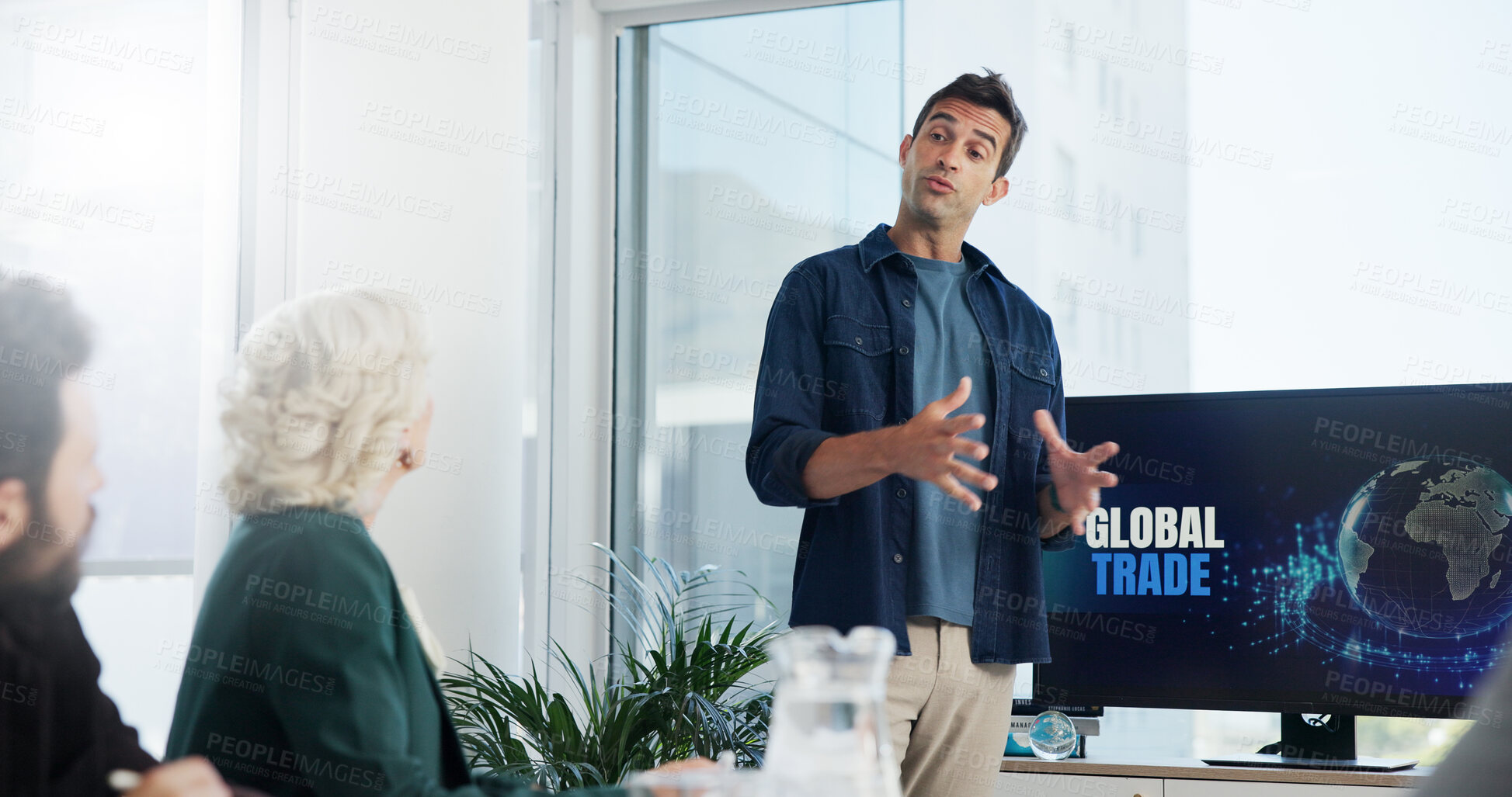 Buy stock photo Presentation, meeting and business people in office with team for global trade, profit or revenue. Discussion, professional and financial manager with group of investors for investment planning.