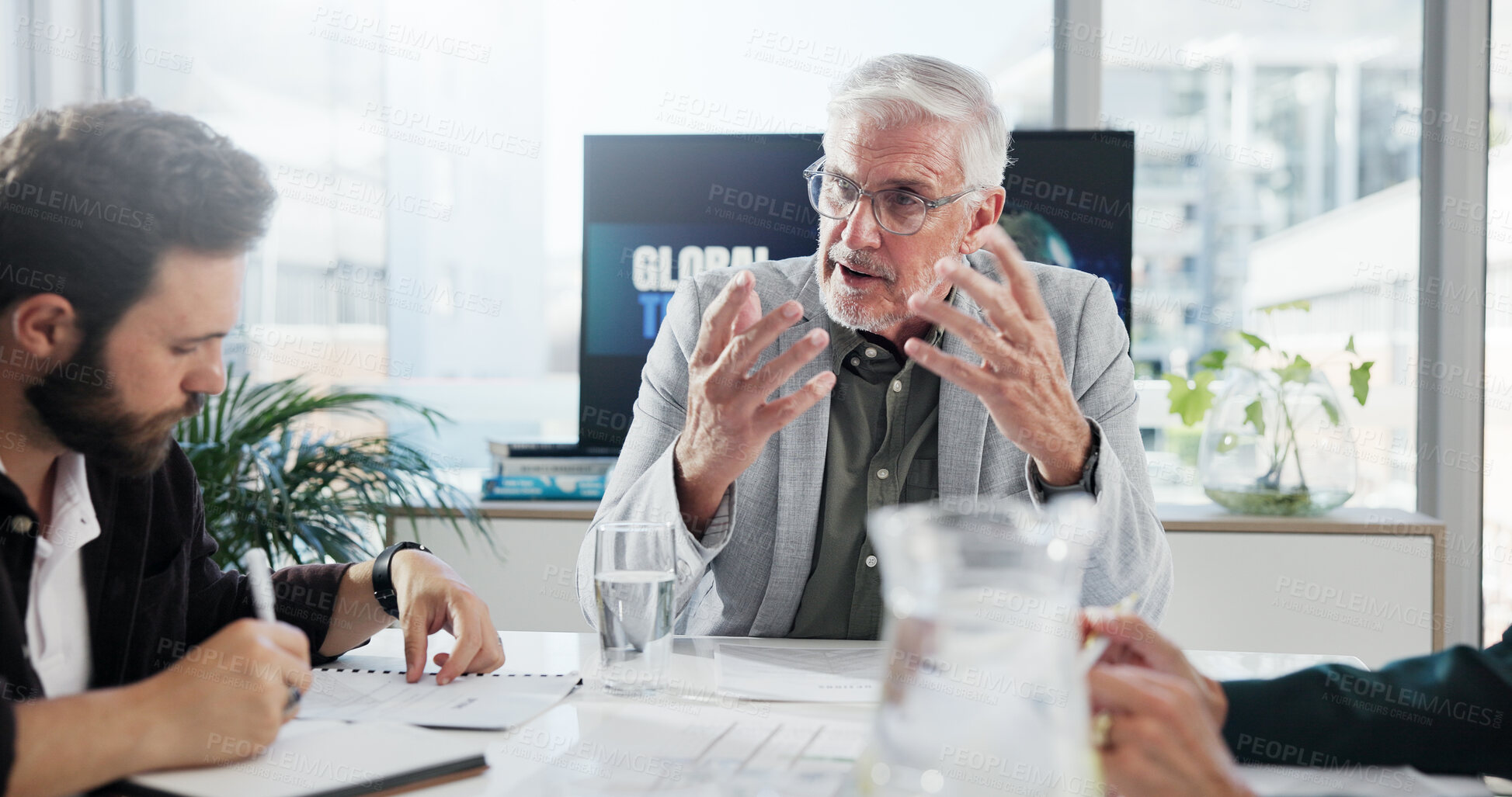 Buy stock photo Discussion, boss and group meeting in boardroom, collaboration or communication for global trade. Team, mature man and negotiation for international investment, people and economic trends in business