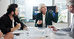 Discussion, colleagues and business meeting in boardroom, collaboration and negotiation for global trade. Teamwork, serious and people with documents for international investment, trader and ideas