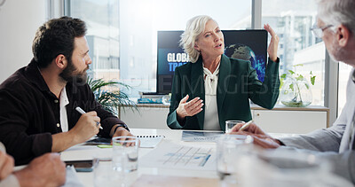 Buy stock photo Discussion, colleagues and business meeting in boardroom, collaboration and negotiation for global trade. Teamwork, serious and people with documents for international investment, trader and ideas