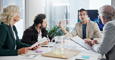 Buy stock photo Collaboration, documents and meeting with business people in office boardroom together for portfolio management. Accounting, budget and finance with employee team talking in workplace for investment