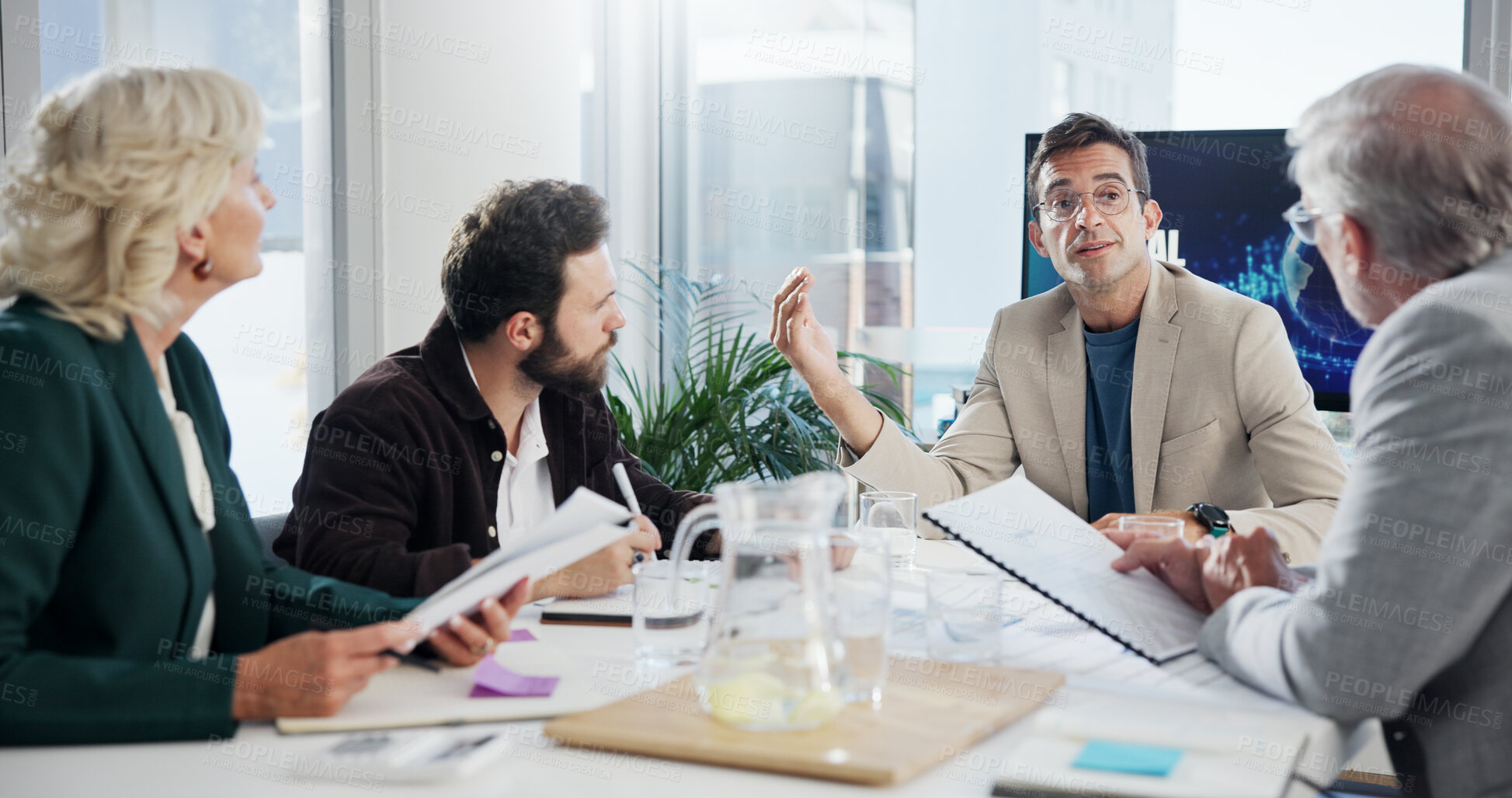 Buy stock photo Collaboration, documents and meeting with business people in office boardroom together for portfolio management. Accounting, budget and finance with employee team talking in workplace for investment