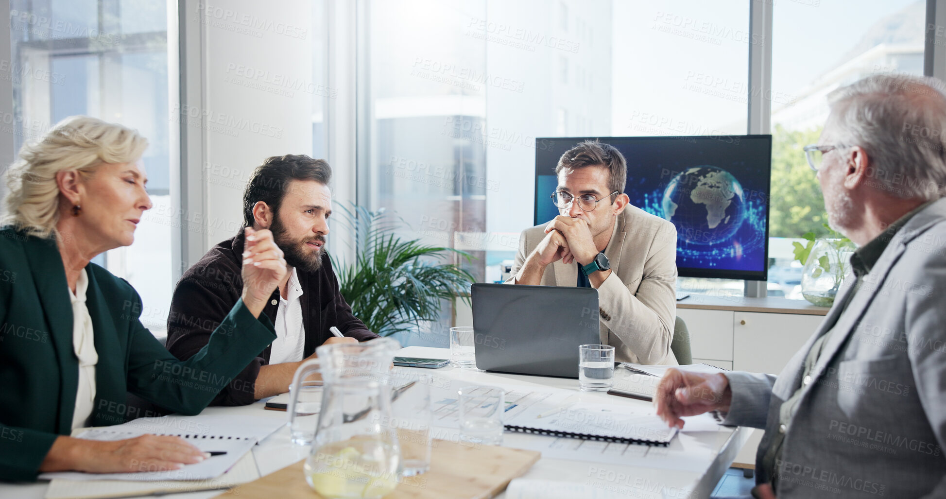 Buy stock photo Collaboration, meeting and problem solving with business people in office boardroom together for portfolio management. Accounting, budget and finance with employee team at work for damage control