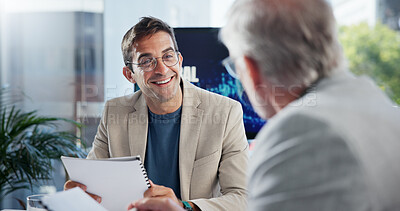 Buy stock photo Documents, finance and meeting with business people in office boardroom together for portfolio management. Accounting, budget and collaboration with employee team in workplace for investment