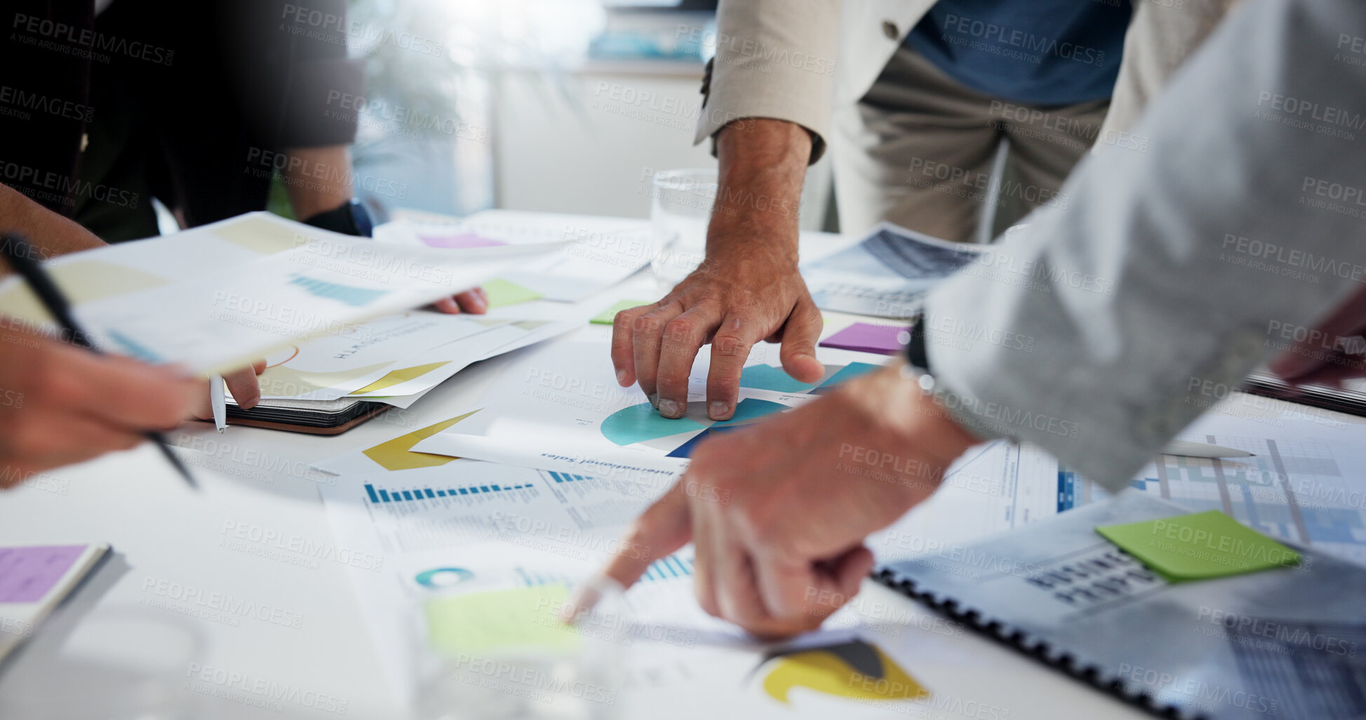 Buy stock photo Collaboration, documents and hands of business people in office for financial management or planning. Data, information and statistics with employee team pointing to paper for accounting or budget