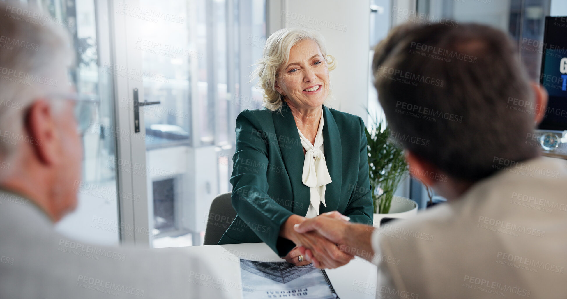 Buy stock photo Handshake, partnership and business people in office for investment agreement, deal or meeting. Discussion, negotiation and stakeholder with finance team shaking hands for financial contract.