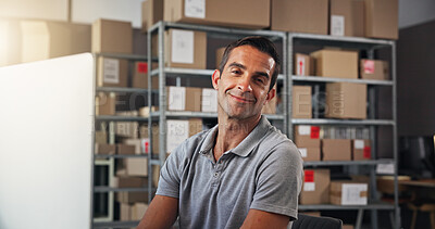 Buy stock photo Computer, logistics and portrait with man in distribution office for management of online order. Boxes, schedule and supply chain with employee in depot for delivery, ecommerce or shipping update