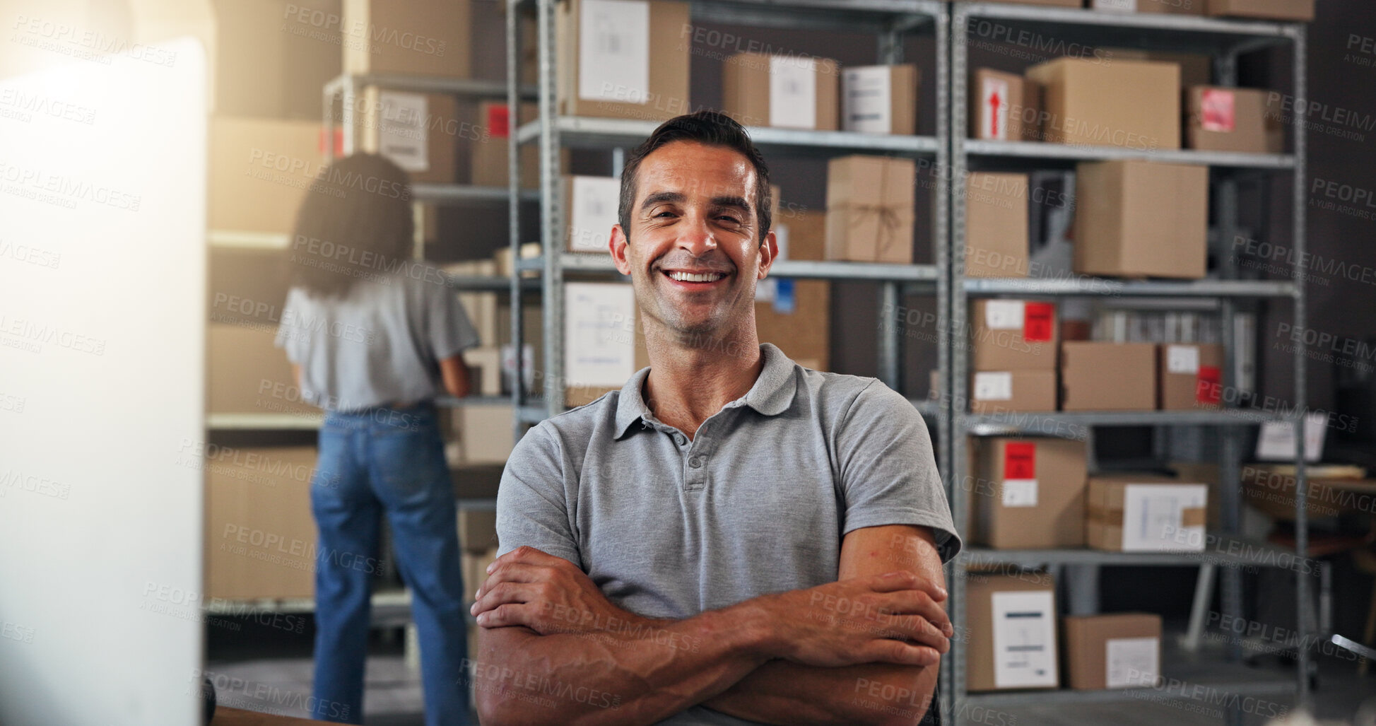 Buy stock photo Arms crossed, portrait and supply chain with man in distribution center for retail, storage or update. Boxes, logistics and smile with happy employee in office for delivery, ecommerce or shipping