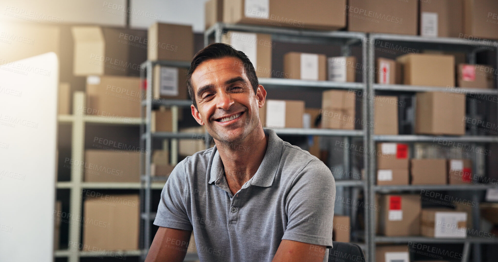 Buy stock photo Computer, portrait and  supply chain with man in distribution center for schedule or stock update. Boxes, logistics and smile with courier employee in office for delivery, ecommerce or shipping
