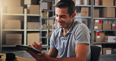 Buy stock photo Logistics, smile and tablet with man in distribution center for online order or schedule update. Boxes, courier and supply chain with happy employee in office for delivery, ecommerce or shipping