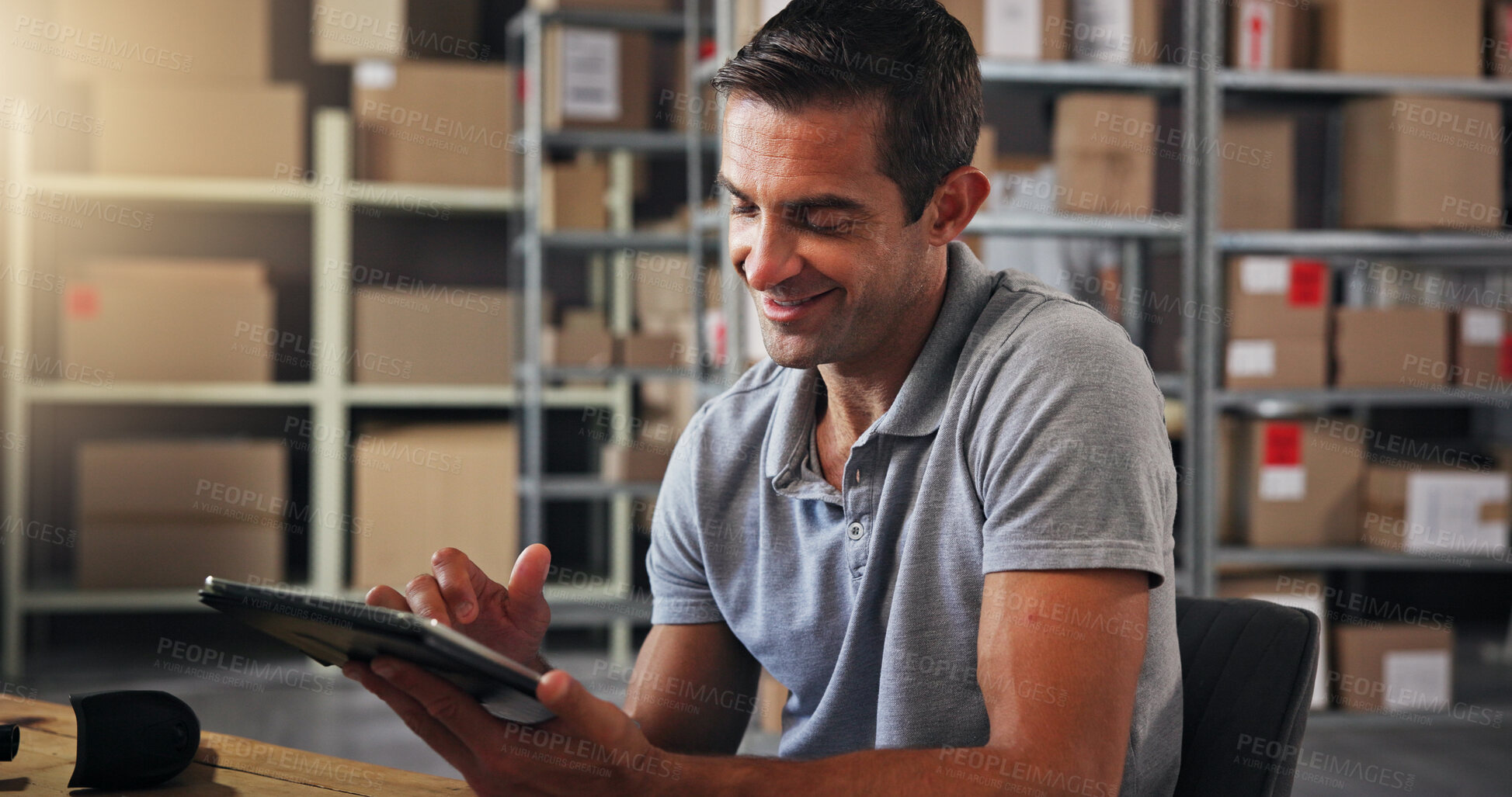 Buy stock photo Logistics, smile and tablet with man in distribution center for online order or schedule update. Boxes, courier and supply chain with happy employee in office for delivery, ecommerce or shipping