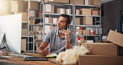 Buy stock photo Logistics, phone call and warehouse with man in distribution depot for communication or update. Boxes, conversation and supply chain with employee in office for delivery, ecommerce or shipping