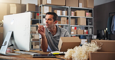 Buy stock photo Box, computer and supply chain with man in distribution center for inventory checklist or update. Logistics, reading and schedule with employee in office for delivery, ecommerce or shipping manifest