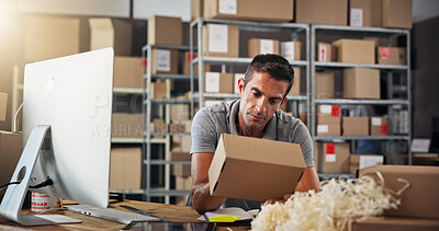 Buy stock photo Box, computer and supply chain with courier man in distribution center for export or import. Inspection, logistics and quality control with employee in office for delivery, ecommerce or shipping
