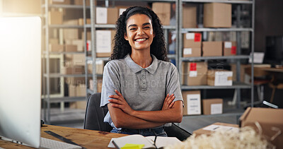 Buy stock photo Portrait, ecommerce and woman with arms crossed, boxes and smile with confidence, supply chain and warehouse. Happy, person and employee with pride, distribution center and delivery with logistics