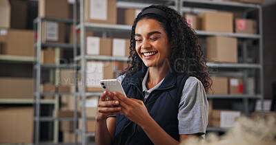 Buy stock photo Supply chain, woman and happy with phone for delivery, distribution and success for ecommerce. Small business, warehouse and excited owner with distributor for planning, shipping or supplier stock