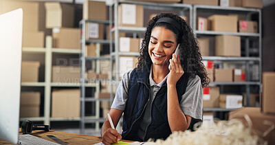Buy stock photo Logistics, notes and courier with phone call for delivery, distribution and inventory for ecommerce. Woman, warehouse and supply chain with distributor for order planning, shipping or supplier stock